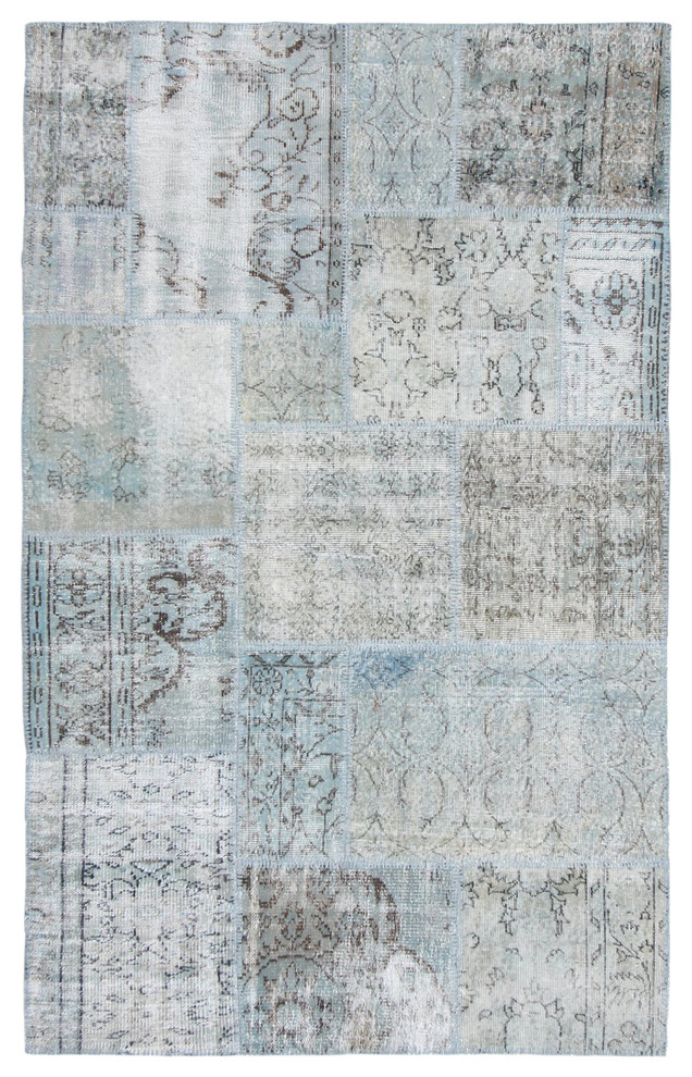Turkish Patchwork Handmade Rug, Organic Overdye, Jean Blue, 5'x8'