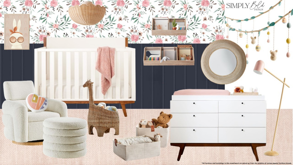 Diseño de habitación de bebé neutra retro de tamaño medio con suelo de madera en tonos medios y papel pintado