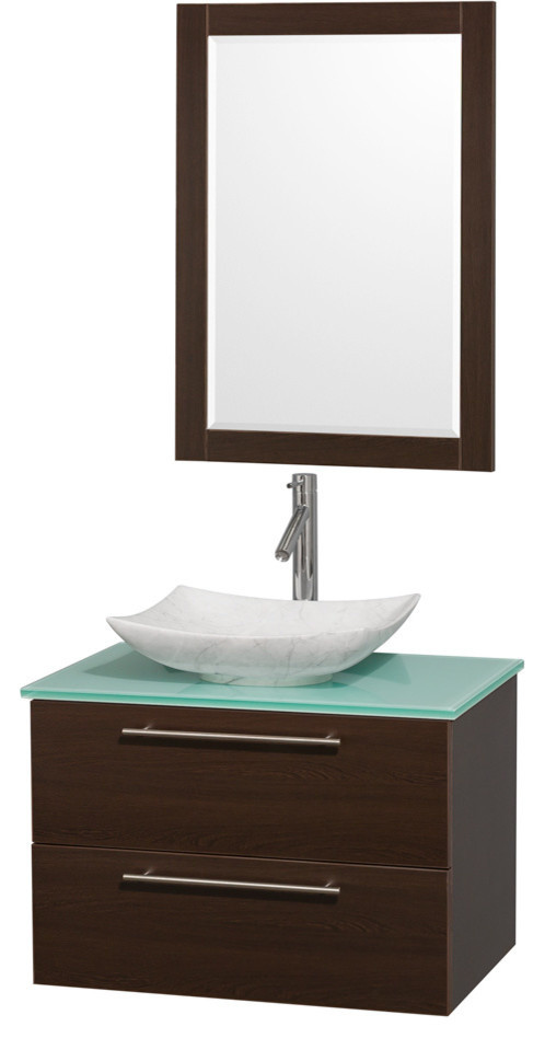 Single Vanity, Green Glass Top, Carrara Marble Sink, Espresso, 24" Mirror, 30"