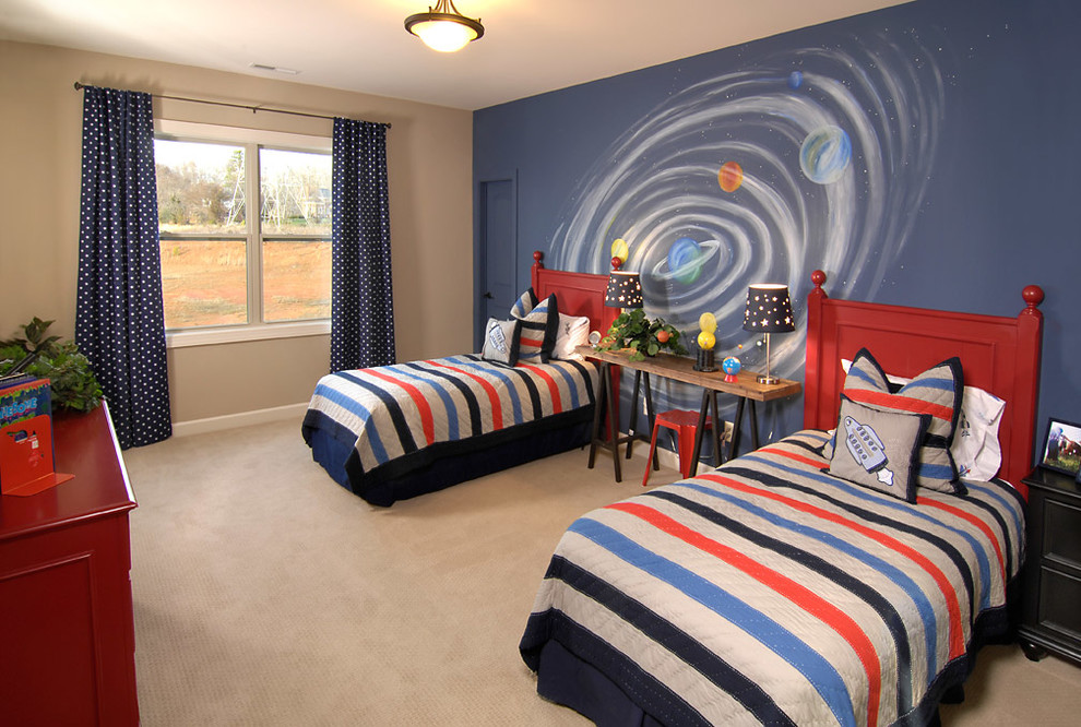 Mid-sized traditional kids' bedroom in Charlotte with beige walls, carpet and beige floor for boys and kids 4-10 years old.