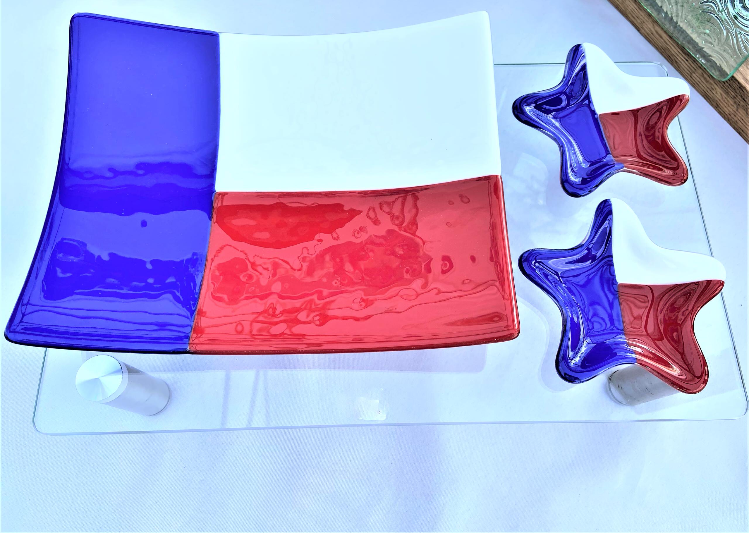 8" x 10" Large Texas Flag platter and 2 any-use 4.5" star plates - condiments, appetizer, desserts, candy, rings, keys, fobs