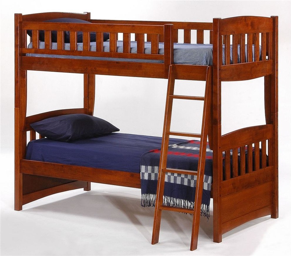 Twin Over Twin Wood Bunk Bed In Cherry Finish