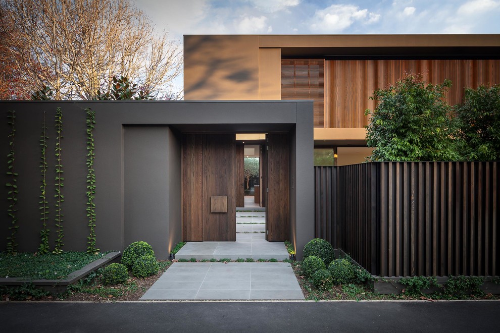 Design ideas for a large scandinavian two-storey brown exterior in Melbourne with a flat roof.