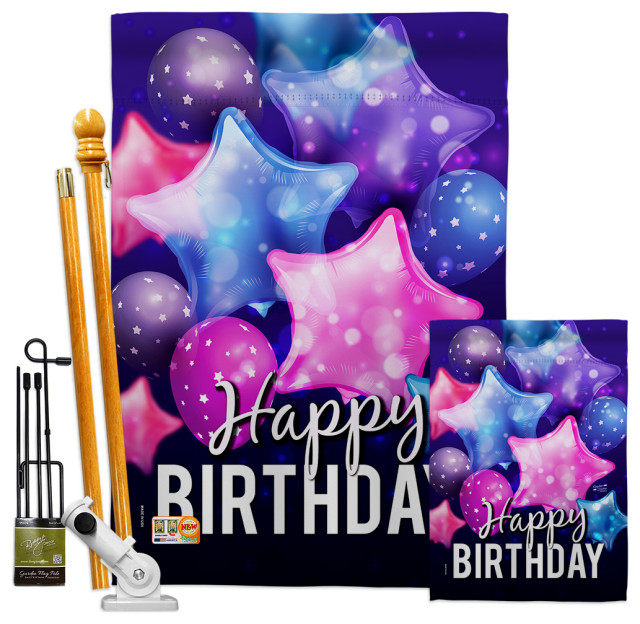 Happy Birthday Balloon Garden House Flags Kit Double Sided 28x40 Modern And Flagpoles By Breeze Decor Houzz - Large Garden Flag Stand 28 X 40