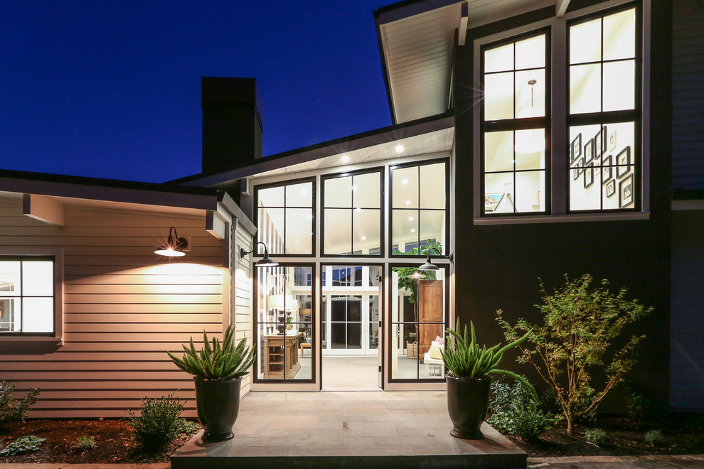 Contemporary front door in San Francisco with white walls, slate floors, a single front door and a white front door.