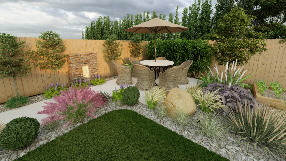 Medium sized nautical back xeriscape partial sun garden for summer in Sussex with a waterfall.