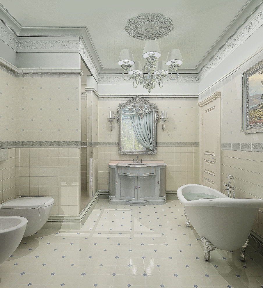 Inspiration för ett mellanstort vintage vit vitt badrum, med luckor med upphöjd panel, grå skåp, en bidé, beige kakel, keramikplattor, beige väggar, marmorgolv, marmorbänkskiva och beiget golv