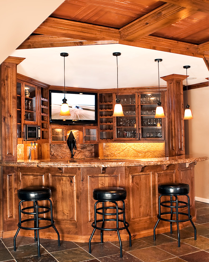Inspiration for a mid-sized transitional home bar in Denver with ceramic floors and brown floor.