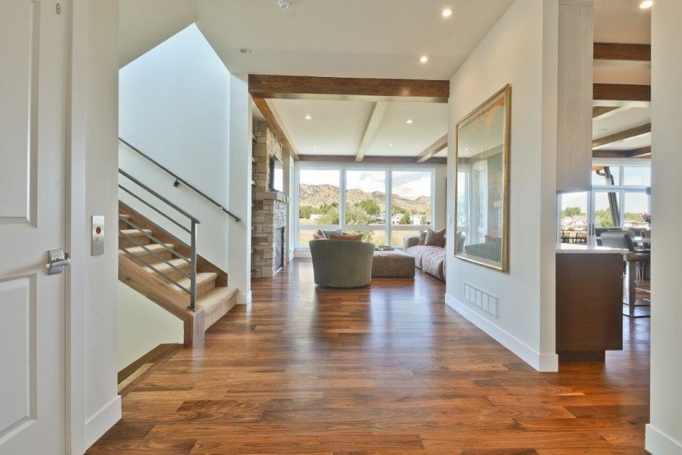Large contemporary entry hall in Denver with beige walls and medium hardwood floors.