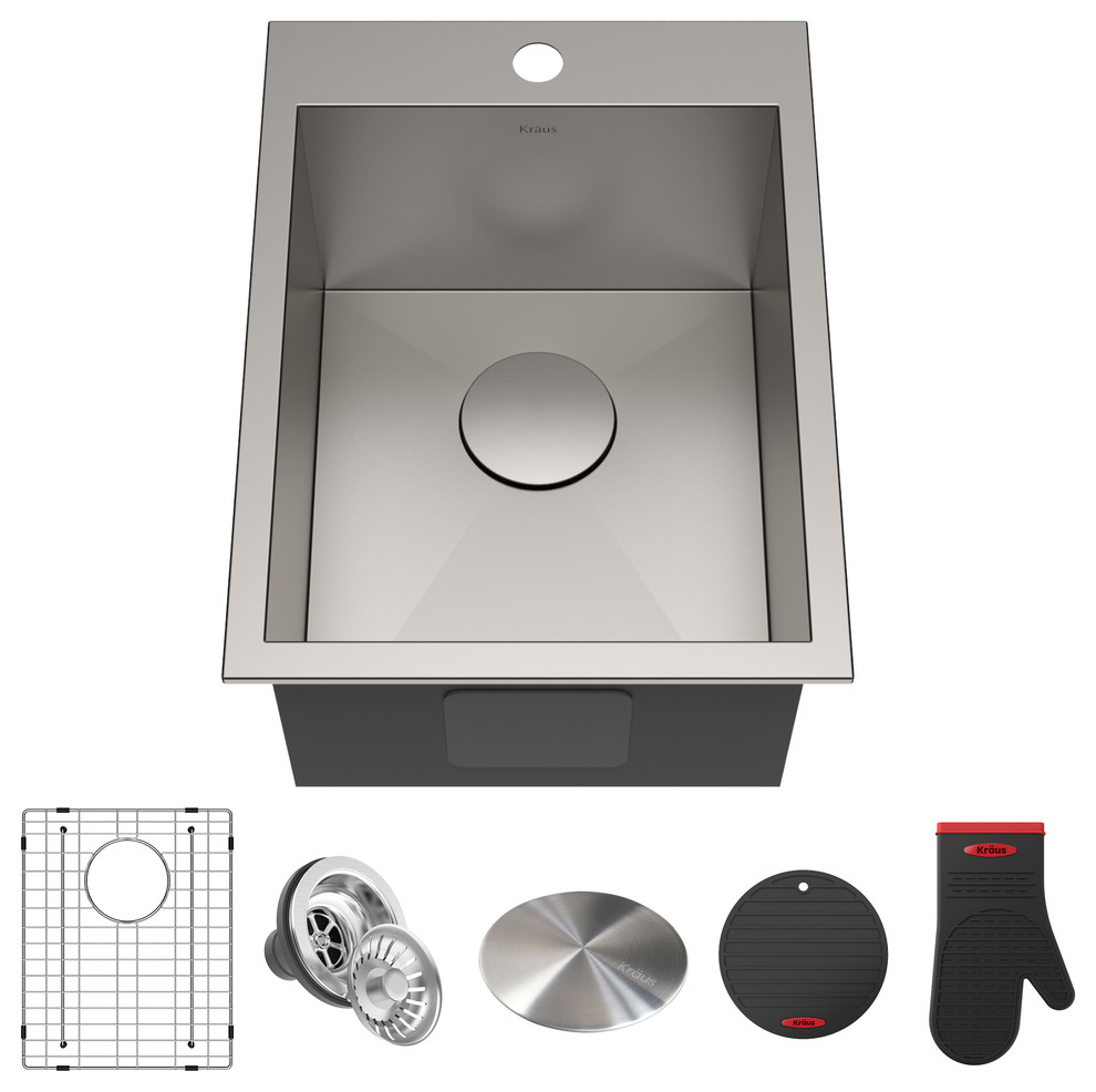 Kraus 15" DropIn Kitchen Sink, Stainless Steel, Accessories