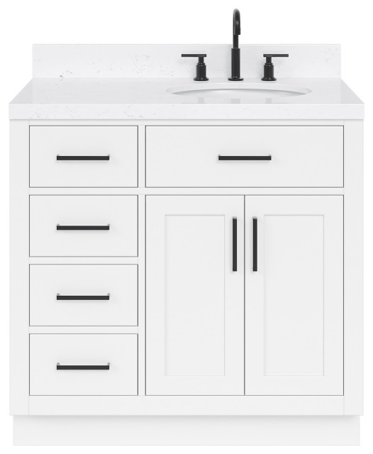 Ariel Hepburn 36" Right Offset Single Oval Sink Vanity, Carrara Quartz