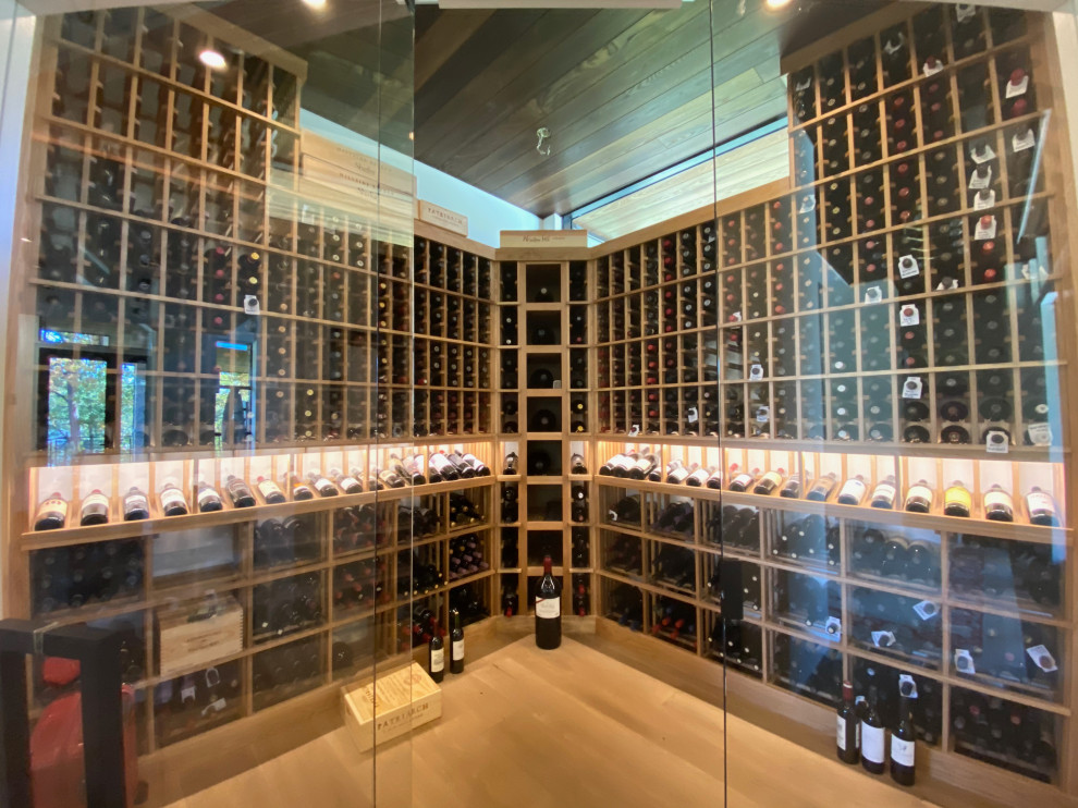 Photo of a mid-sized modern wine cellar in Cincinnati with light hardwood floors, storage racks and multi-coloured floor.