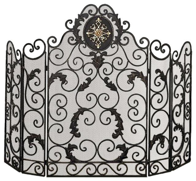 Monogrammed Curved Old World Iron Fireplace Screen Dark Bronze Gold