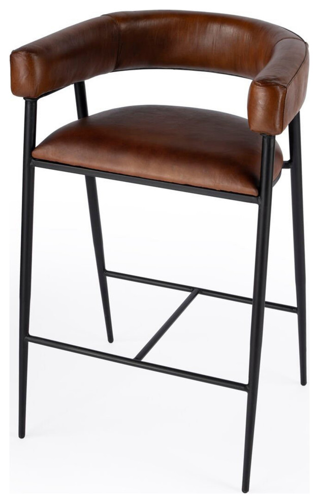 Offex Transitional Brown Leather Cushioned Bar Stool with Slanted Iron
