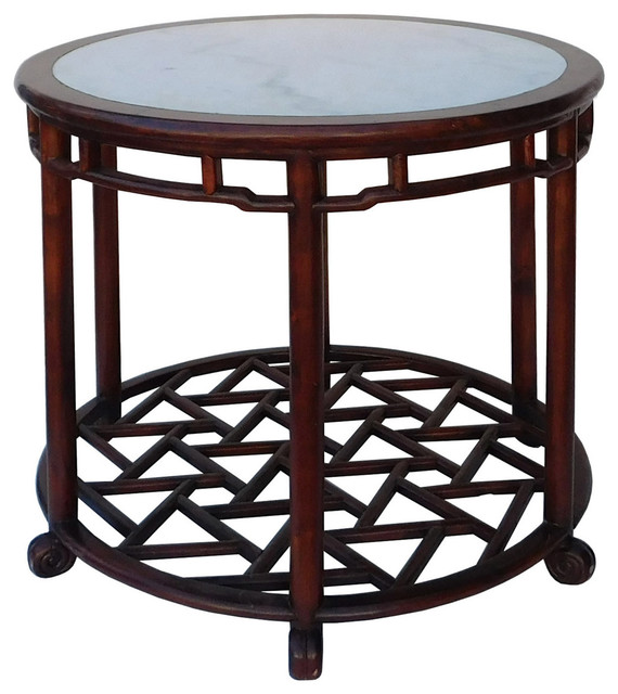 Chinese Oriental Brown Round Marble Stone Top Pedestal Table Asian