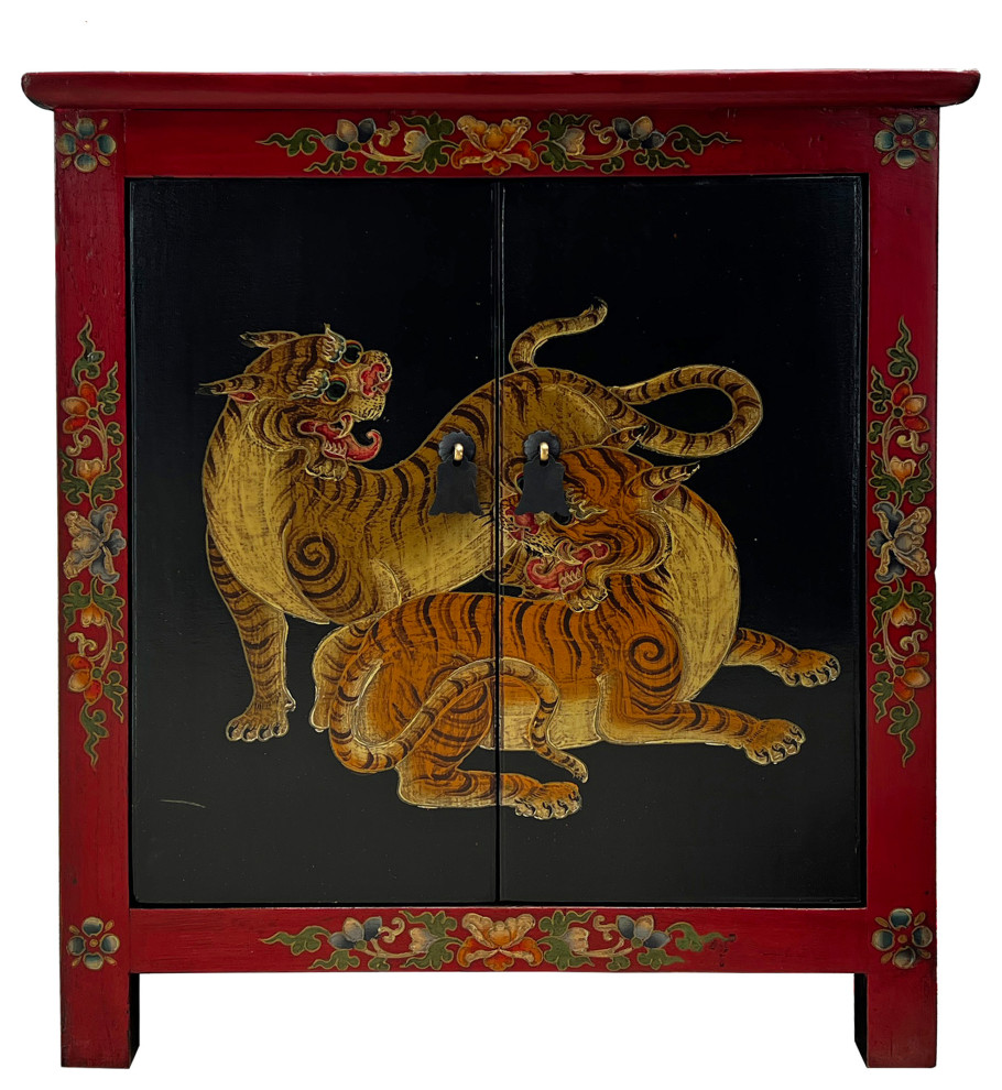 Tibetan Oriental Black Red Double Tigers End Table Nightstand Hcs7598