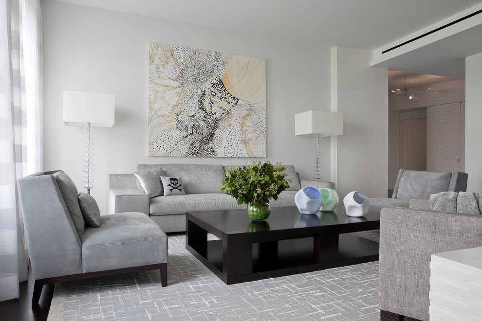 Photo of a contemporary formal open concept living room in New York with white walls, no fireplace and no tv.