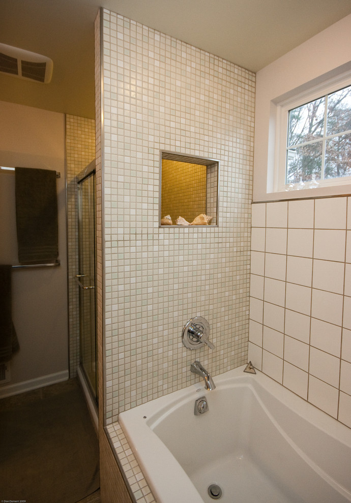 Large contemporary master bathroom in DC Metro with an alcove tub, an open shower, a two-piece toilet, ceramic tile, white tile, beige walls and ceramic floors.