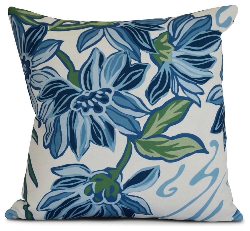 16x16" Floral Outdoor Pillow, Blue, 18"x18" Contemporary Outdoor