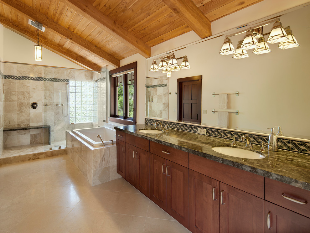 Inspiration for a traditional bathroom in Santa Barbara with an undermount sink and a drop-in tub.