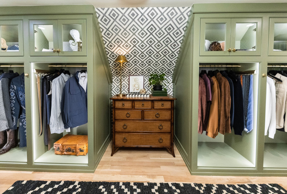 Small elegant men's light wood floor and beige floor walk-in closet photo with beaded inset cabinets and green cabinets
