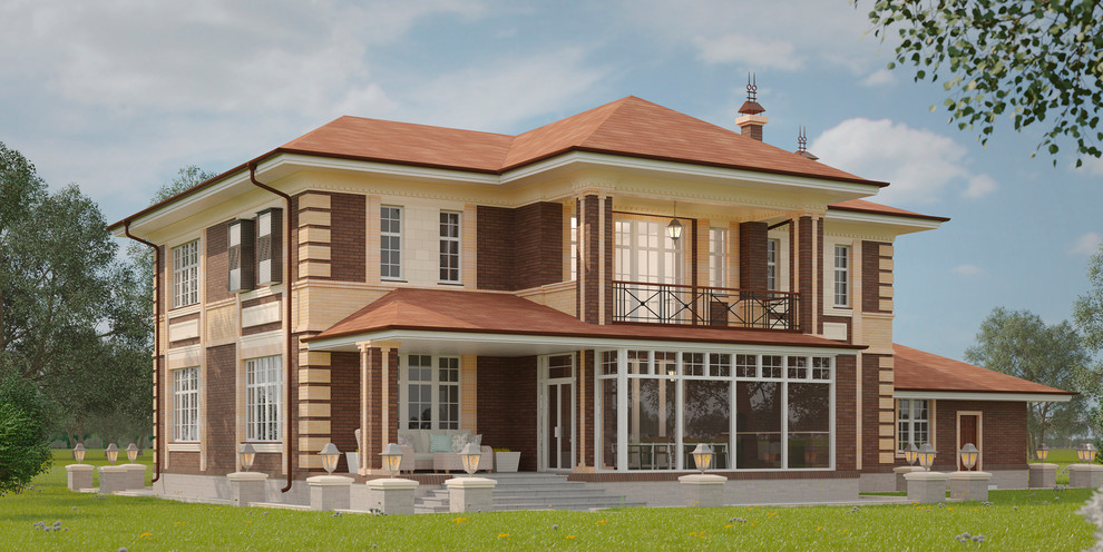 Загородный дом с панорамным остеклением. Вид на террасы