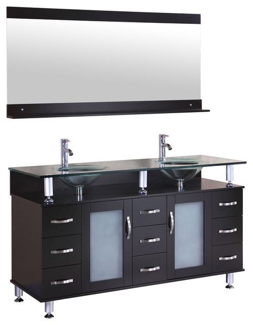 Lesscare Vanity Cabinet Lv1 60b With Double Sink Gl Top And Lesscare Vanity Cabinet Lv1 60b With Double Sink Gl Top And Mirror