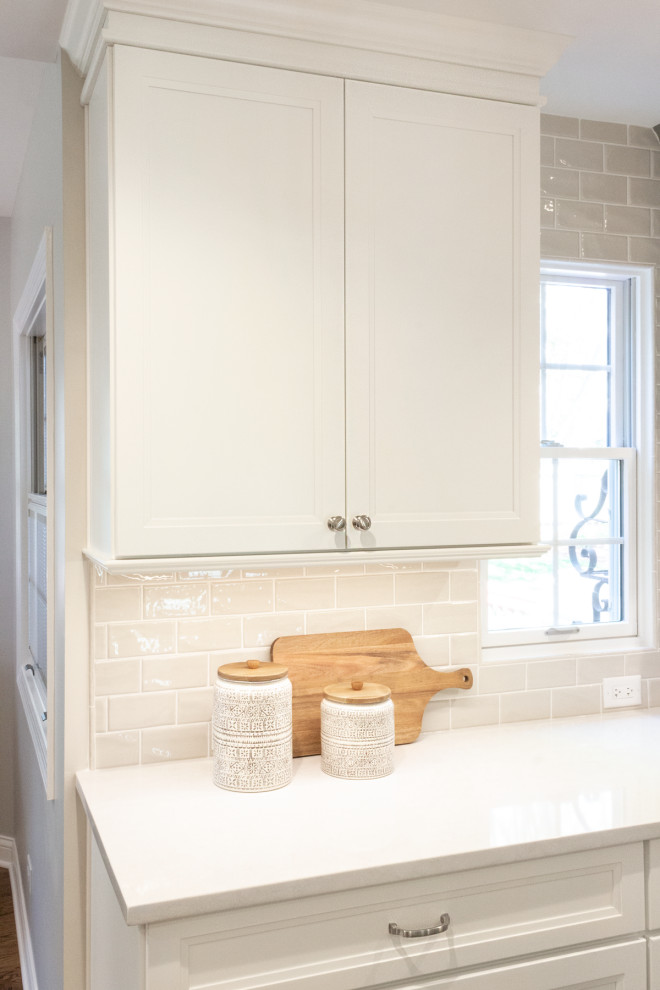 Eat-in kitchen - large transitional galley brown floor eat-in kitchen idea in Chicago with an undermount sink, shaker cabinets, green cabinets, quartzite countertops, gray backsplash, ceramic backsplash, stainless steel appliances, an island and white countertops