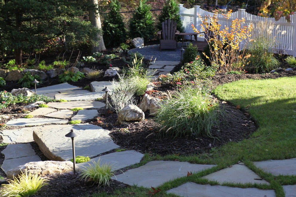 Design ideas for a mid-sized country front yard shaded garden in New York with natural stone pavers.