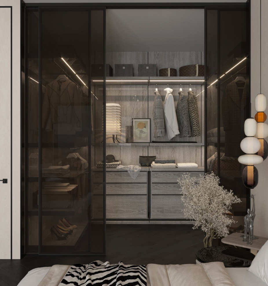 EIngebautes, Neutrales Modernes Ankleidezimmer mit Glasfronten, schwarzen Schränken, Laminat und braunem Boden in Sonstige