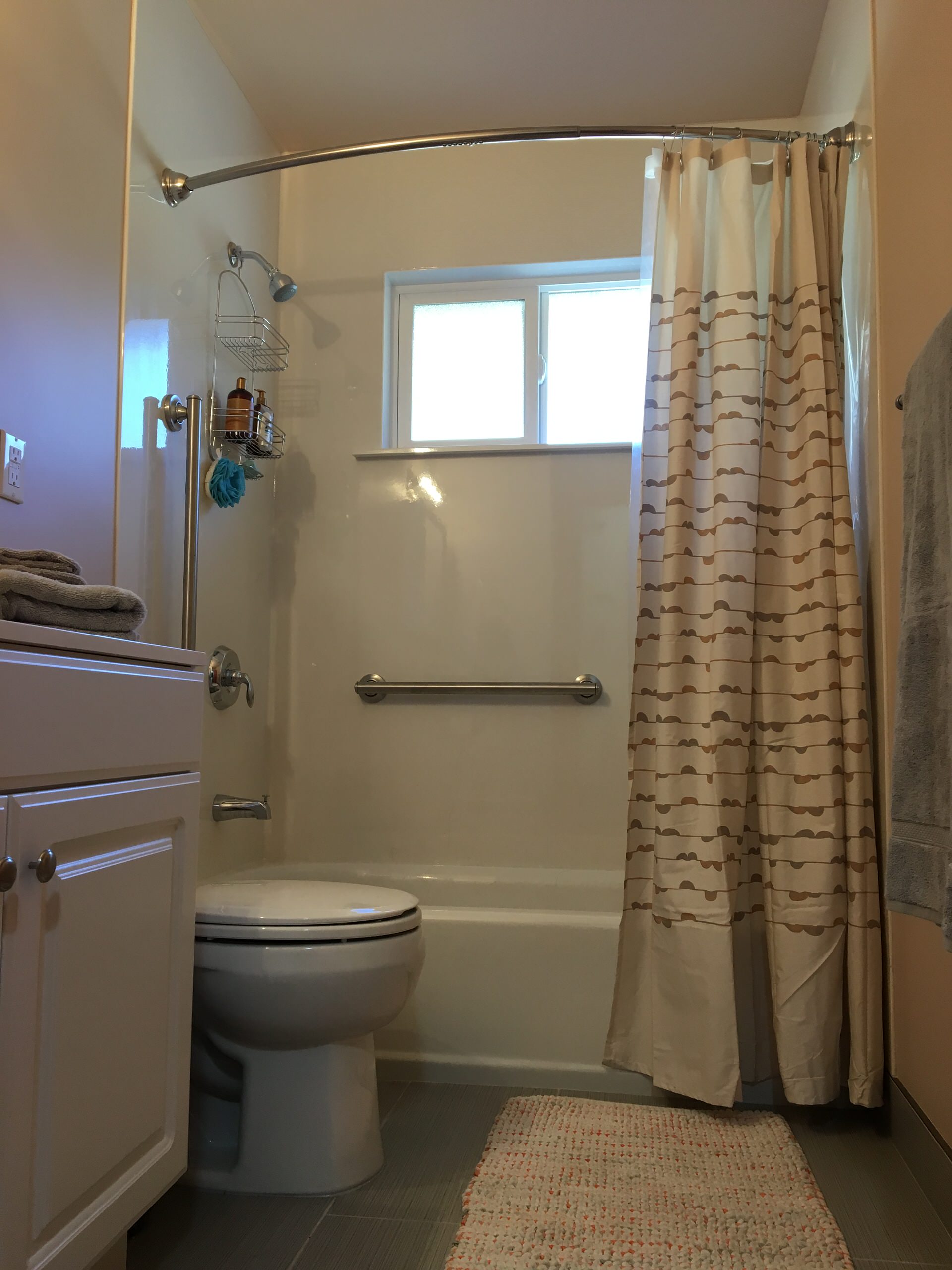 Simple Quartz Tub/Shower Surround, Tile Floor, Vanity & New Window