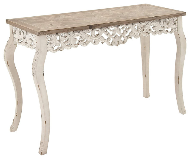 Farmhouse Console Table, Cabriole Legs With Carved Floral Details, Two