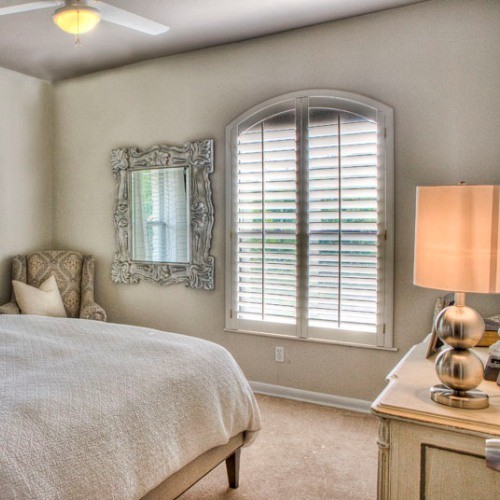 Photo of a mid-sized transitional guest bedroom in Austin with beige walls and carpet.