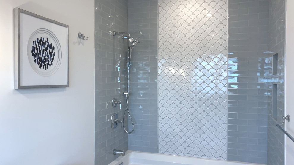 Example of a mid-sized transitional kids' yellow tile and marble tile marble floor, gray floor and single-sink open shower design in Boston with recessed-panel cabinets, white cabinets, a one-piece toilet, white walls, an undermount sink, marble countertops, gray countertops and a built-in vanity