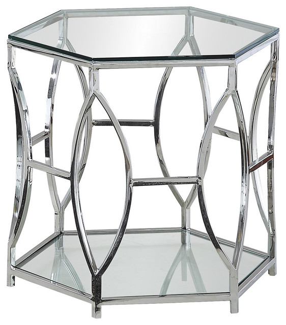 Brooke Hexagonal Silver Clear Glass End Table Contemporary Side