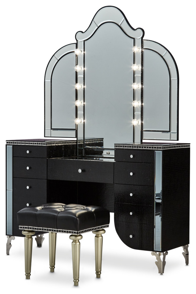Hollywood Swank Vanity Set with Mirror and Bench, Black Iguana
