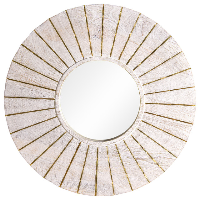 Round Whitewashed Wood Mirror with Gold Finish Inlay Farmhouse Wall