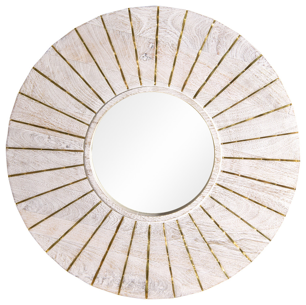 Round Whitewashed Wood Mirror with Gold Finish Inlay Farmhouse Wall