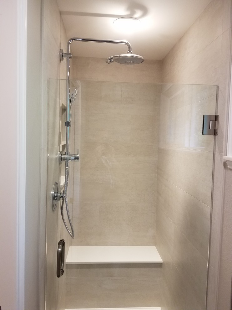Photo of a mid-sized transitional master bathroom in Seattle with shaker cabinets, grey cabinets, an alcove tub, an alcove shower, a two-piece toilet, beige tile, brown tile, gray tile, mosaic tile, beige walls, travertine floors, an undermount sink and engineered quartz benchtops.