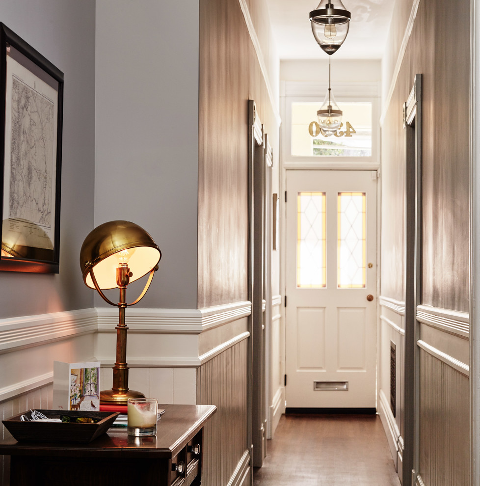 Inspiration for a mid-sized traditional entry hall in San Francisco with dark hardwood floors, a single front door, a light wood front door, grey walls and brown floor.