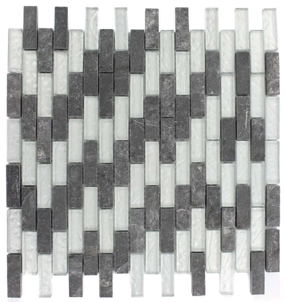 Geological Brick Black Slate & Silver 1/2x2 Glass Tiles