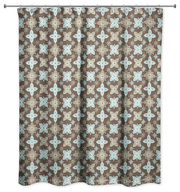 Folk Floral Pattern in Blue and Brown Shower Curtain 
