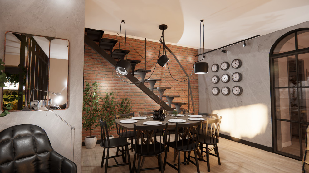 This is an example of a medium sized industrial open plan dining room in Dijon with grey walls, light hardwood flooring, beige floors, brick walls and no fireplace.