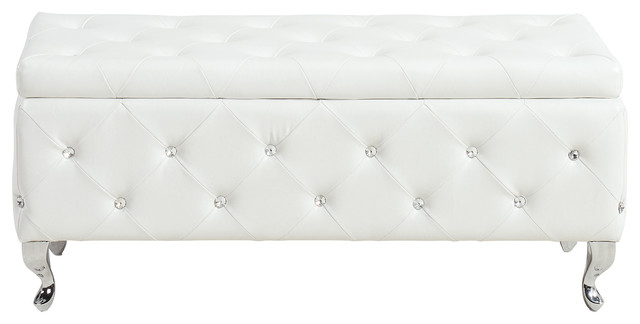 Crystal Tufted Fabric Storage Ottoman With Chrome Feet Crystal Tufted Fabric Storage Ottoman With Chrome Feet White Faux Leather