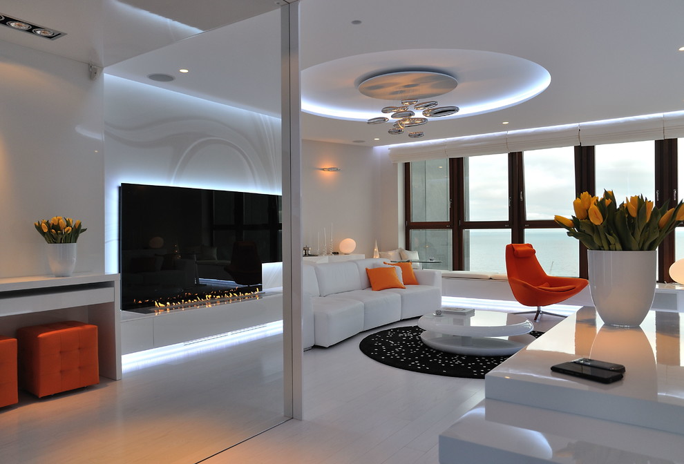 Large contemporary living room in Other with porcelain floors.