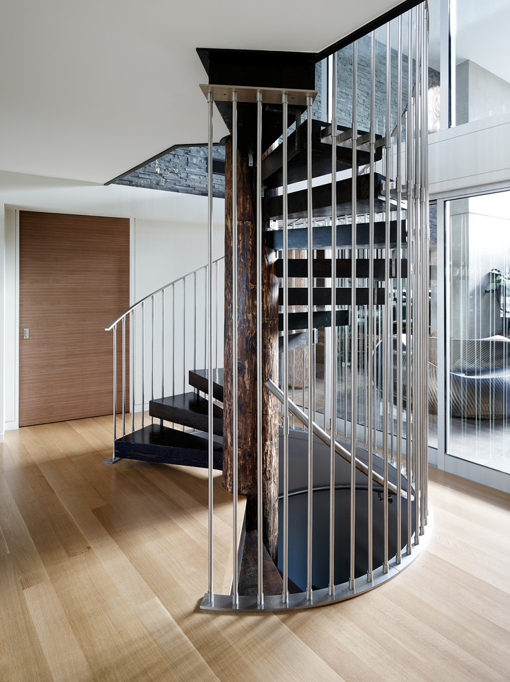 Inspiration for a contemporary spiral staircase in San Francisco with metal railing.