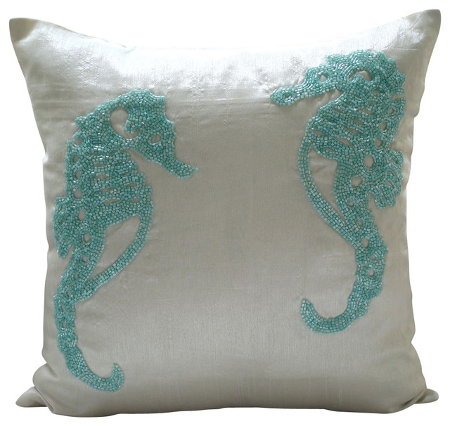 White Art Silk Beaded Sea Horse Throw Pillows Cover Aqua Beaded Sea Horse 14x14 Art Silk White Decorative Pillows Cover Aqua
