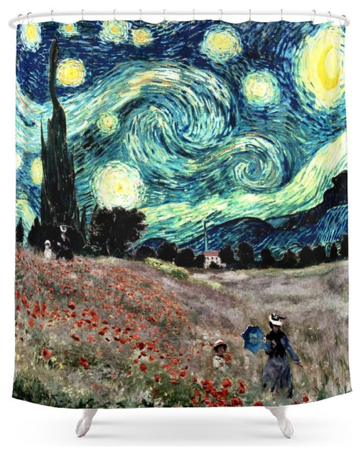Monet S Poppies With Van Gogh Starry Night Sky Shower Curtain