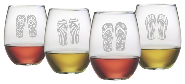 Flip Flops 4-Piece Stemless Wine Glass Set - Beach Style - Wine Glasses ...