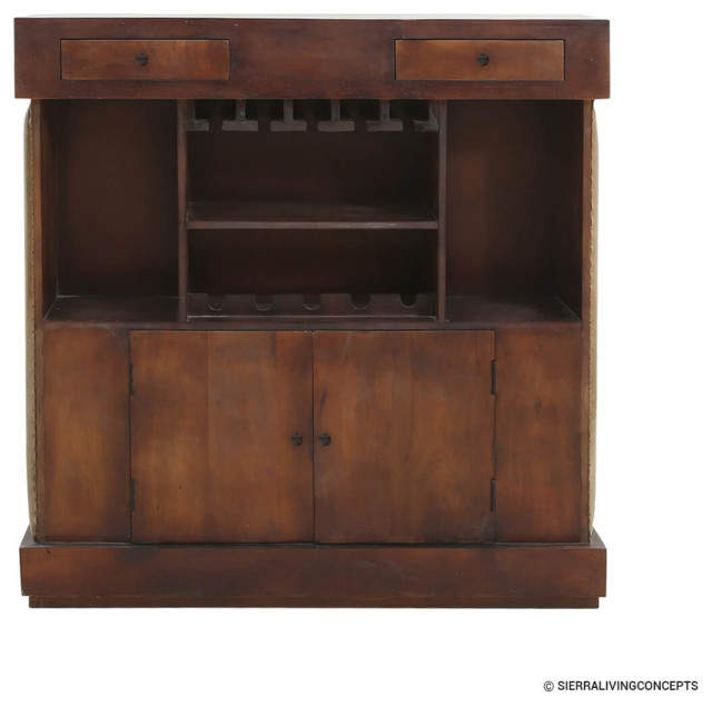 Solid Wood 2 Drawer Wine Bar Hutch Transitional Wine And